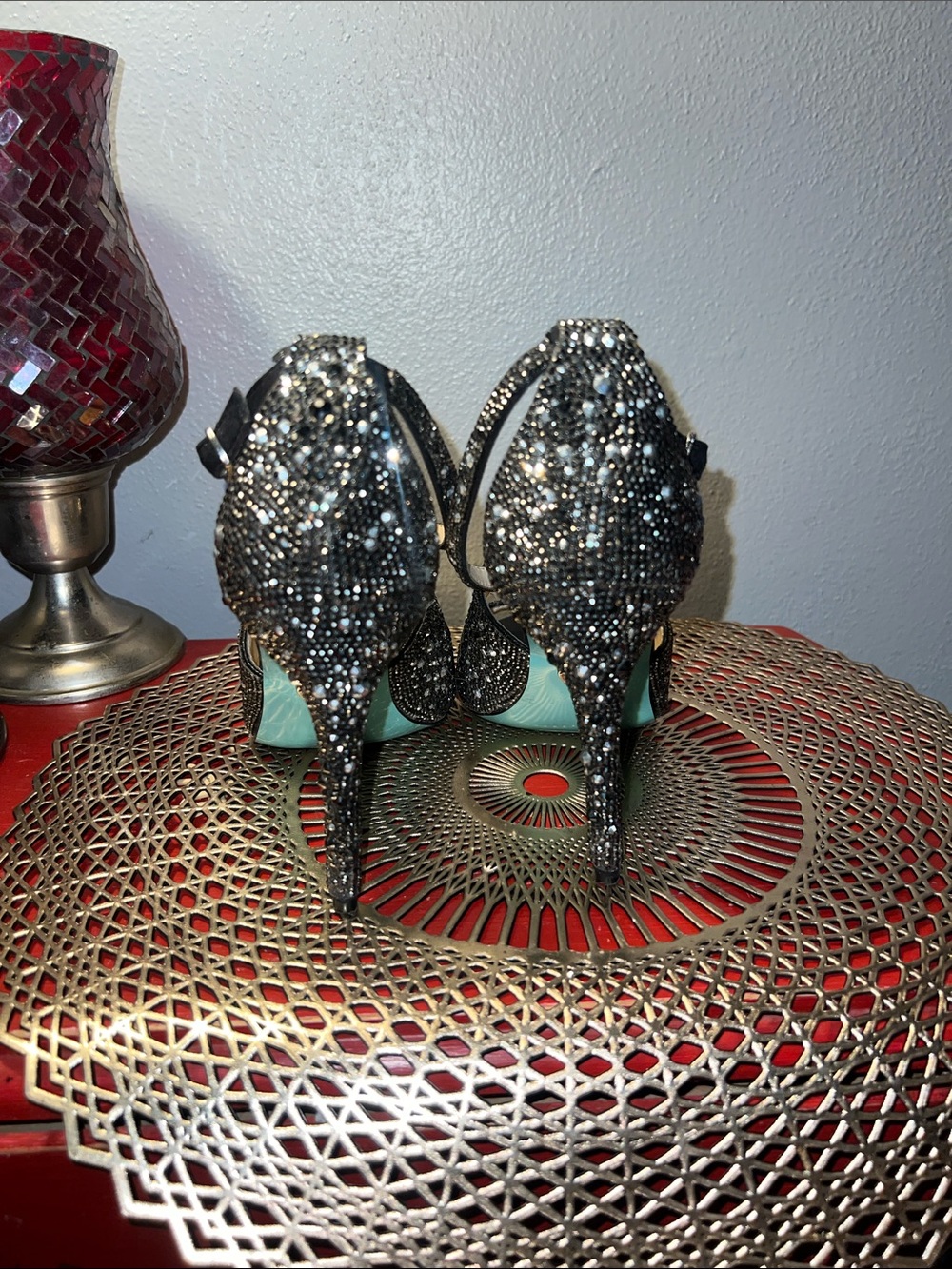 Betsey Johnson Black Crystal Embellished Strappy High Heel Sandal - Picture 10 of 10